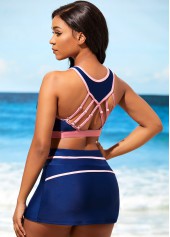 Contrast Color swimwear,ROTITA Contrast Stitch Navy Blue High Waist Bikini Set