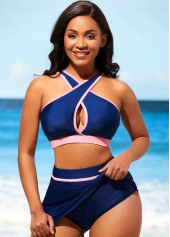 Contrast Color swimwear,ROTITA Contrast Stitch Navy Blue High Waist Bikini Set