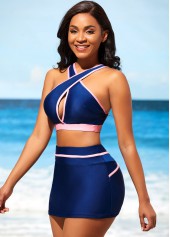 Contrast Color swimwear,ROTITA Contrast Stitch Navy Blue High Waist Bikini Set