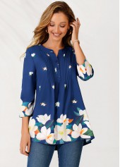 Navy tops,Floral tops,ROTITA Navy Blue Floral Print Split Neck Blouse