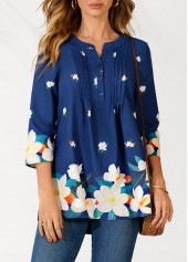 ROTITA Navy Blue Floral Print Split Neck Blouse