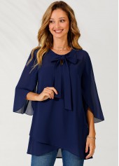 Navy tops,Plain Color tops,ROTITA Bowknot Crossover Hem Navy Blue Blouse