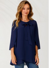 Navy tops,Plain Color tops,ROTITA Bowknot Crossover Hem Navy Blue Blouse