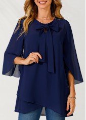 ROTITA Bowknot Crossover Hem Navy Blue Blouse