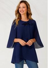 Navy tops,Plain Color tops,ROTITA Bowknot Crossover Hem Navy Blue Blouse