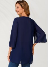 Navy tops,Plain Color tops,ROTITA Bowknot Crossover Hem Navy Blue Blouse