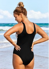 Black swimwear,Contrast Color swimwear,ROTITA Textured Fabric Black Decorative Button One Piece Swimwear