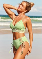 Mint Green swimwear,Plain Color swimwear,ROTITA Mint Green Lace Panel Cross Strap Bikini Set