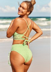 Mint Green swimwear,Plain Color swimwear,ROTITA Mint Green Lace Panel Cross Strap Bikini Set