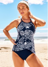 Navy swimwear,Paisley swimwear,ROTITA Cross Strap Paisley Print Navy Blue Tankini Set