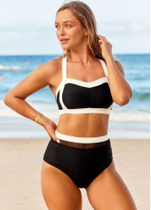 Black swimwear,Contrast Color swimwear,ROTITA Contrast High Waisted Cross Strap Bikini Set