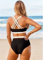 Black swimwear,Contrast Color swimwear,ROTITA Contrast High Waisted Cross Strap Bikini Set