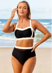 Black swimwear,Contrast Color swimwear,ROTITA Contrast High Waisted Cross Strap Bikini Set