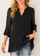 Black tops,Plain Color tops,ROTITA Crossover Hem Roll Tab Sleeve Black Blouse