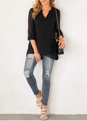 Black tops,Plain Color tops,ROTITA Crossover Hem Roll Tab Sleeve Black Blouse