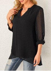 Black tops,Plain Color tops,ROTITA Crossover Hem Roll Tab Sleeve Black Blouse
