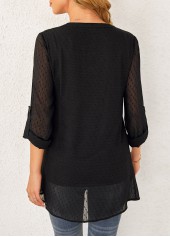 Black tops,Plain Color tops,ROTITA Crossover Hem Roll Tab Sleeve Black Blouse