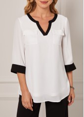 ROTITA Double Pocket White Split Neck Blouse