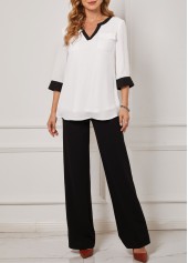 White tops,Contrast Color tops,ROTITA Double Pocket White Split Neck Blouse