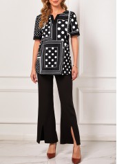 Black tops,Geometric tops,ROTITA Black Polka Dot Geometric Print Split Neck T Shirt