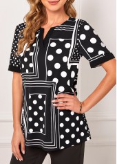 Black tops,Geometric tops,ROTITA Black Polka Dot Geometric Print Split Neck T Shirt