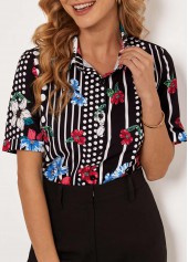 Multi Color tops,Floral tops,ROTITA Floral Print Polka Dot Turndown Collar Blouse