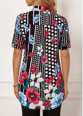 Multi Color tops,Floral tops,ROTITA Floral Print Polka Dot Turndown Collar Blouse