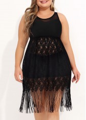Black plus size,Plain Color plus size,ROTITA Lace Stitching Tassel Black Plus Size Swimdress Top