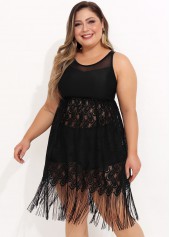 Black plus size,Plain Color plus size,ROTITA Lace Stitching Tassel Black Plus Size Swimdress Top