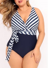 ROTITA Tie Side Navy Blue Plus Size One Piece Swimwear