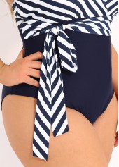 Navy plus size,Striped plus size,ROTITA Tie Side Navy Blue Plus Size One Piece Swimwear