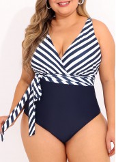 Navy plus size,Striped plus size,ROTITA Tie Side Navy Blue Plus Size One Piece Swimwear