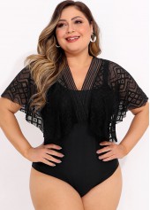 Black plus size,Plain Color plus size,ROTITA Plus Size Lace Stitching Black One Piece Swimwear