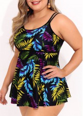Multi Color plus size,Plants plus size,ROTITA Plus Size Double Straps Leaf Print Swimdress Top