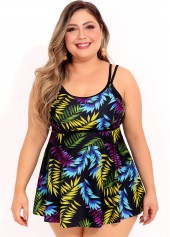 Multi Color plus size,Plants plus size,ROTITA Plus Size Double Straps Leaf Print Swimdress Top