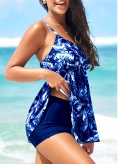 Blue swimwear,Tribal swimwear,Blue Feathers Print Wide Strap Swimdress and Shorts