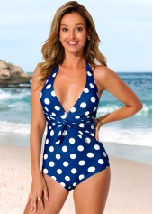 Blue Polka Dot Halter One Piece Swimwear