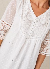 White tops,Plain Color tops,ROTITA Lace Stitching White Sequin V Neck Blouse