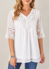 ROTITA Lace Stitching White Sequin V Neck Blouse