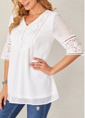 White tops,Plain Color tops,ROTITA Lace Stitching White Sequin V Neck Blouse
