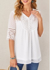 White tops,Plain Color tops,ROTITA Lace Stitching White Sequin V Neck Blouse