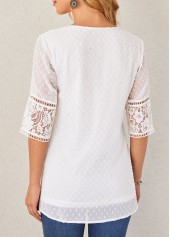 White tops,Plain Color tops,ROTITA Lace Stitching White Sequin V Neck Blouse