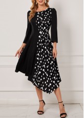 ROTITA Polka Dot Asymmetric Hem Black Dress