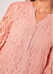Pink tops,Plain Color tops,ROTITA Lace Stitching Pink Split Neck Blouse