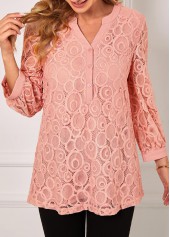 Pink tops,Plain Color tops,ROTITA Lace Stitching Pink Split Neck Blouse