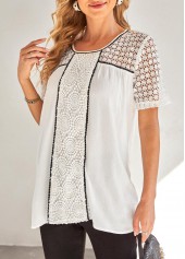 White tops,Contrast Color tops,ROTITA Lace Stitching Contrast Stitch White Blouse