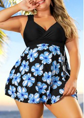 Plus Size Black Floral Print Swimdress Set