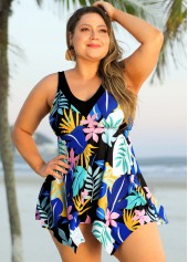 Multi Color plus size,Floral plus size,ROTITA Plus Size Leaf Print Hanky Hem Swimdress Top