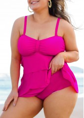 Hot Pink plus size,Plain Color plus size,ROTITA Hot Pink Plus Size Layered Hem Tankini Set