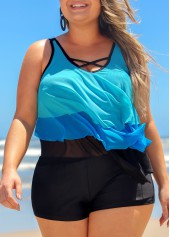 Blue plus size,Contrast Color plus size,ROTITA Plus Size Blue Layered Hem Cross Strap Tankini Top